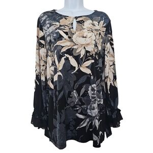 Susan Graver floral blouse with rhinestones & ruffle sleeves / Women's Medium M